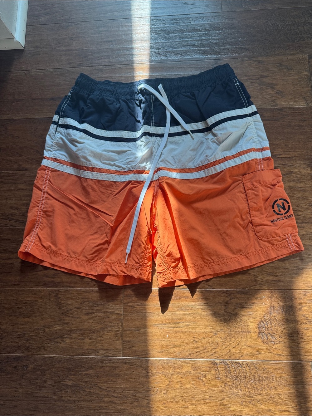 Nautica Jeans Co. Men's Colorblock Swim Shorts - Orange & Navy Lined Size L. EUC